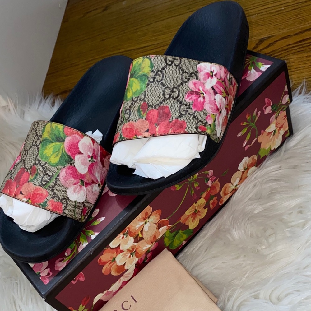 Gucci Floral GG Canvas Slide Sandals in Pink, Green, Black